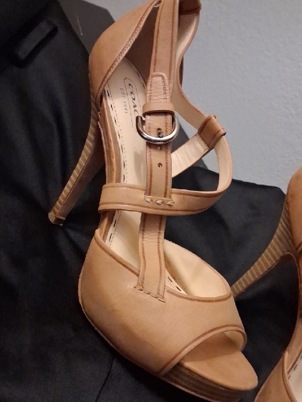 Coach Women's Tan T-Strap Platform High Heels - Picture 2 of 5